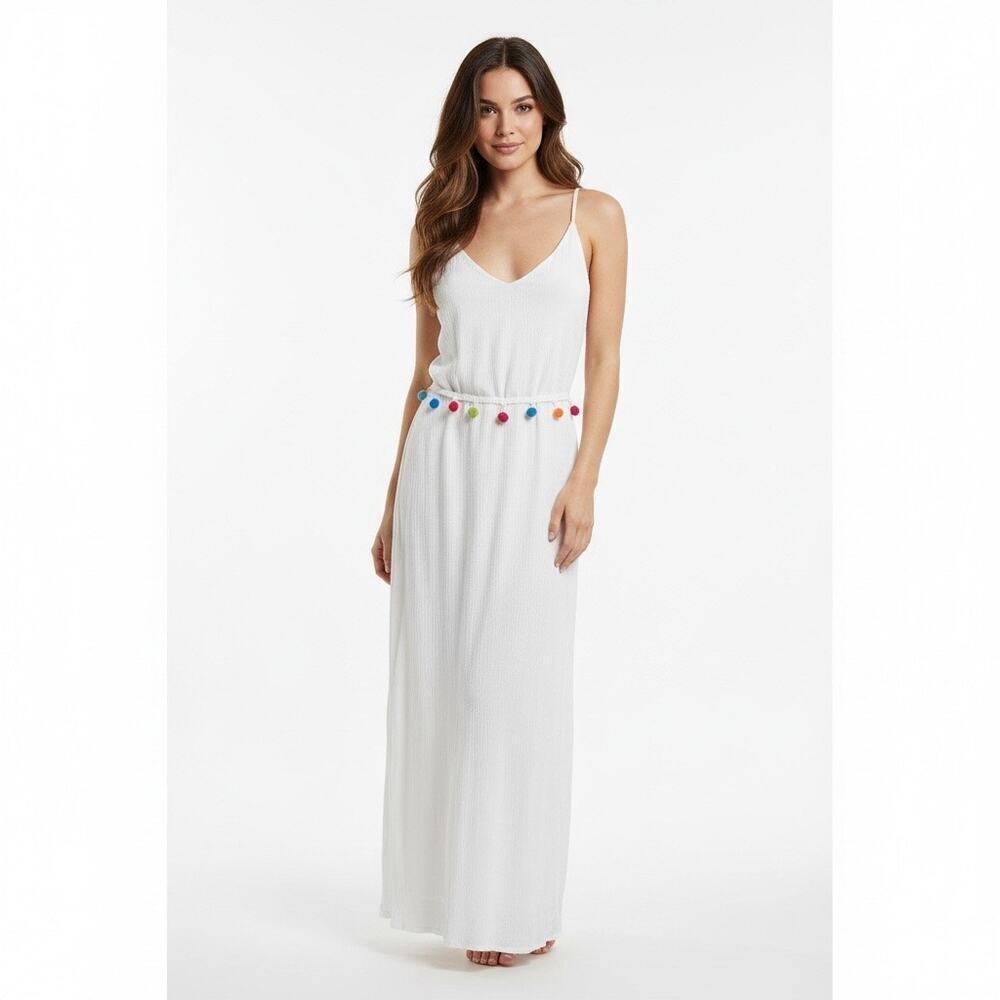 Hint of Blush White Maxi Dress XL Colorful Pom Pom Trim Boho Resort Beach Summer